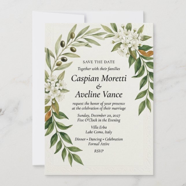 Invitation Branche d'olivier & Fleur blanche Élégant Enregist (Devant)