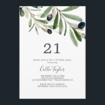Invitation Branche d'olivier moderne 21e fête d'anniversaire<br><div class="desc">Cette nouvelle invitation à la fête du 21ème anniversaire de branche d'olivier est parfaite pour une fête d'anniversaire de boho. Le design rustique et élégant présente des feuilles botaniques et des olives noires d'aquarelle simple sur une petite branche à l'atmosphère méditerranéenne classique.</div>