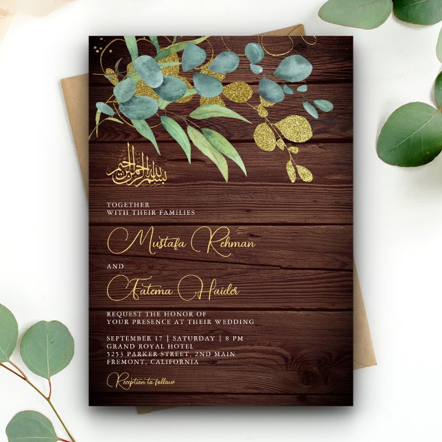 Invitation Branche dorée en bois rustique Eucalyptus Mariage  (Créateur téléchargé)