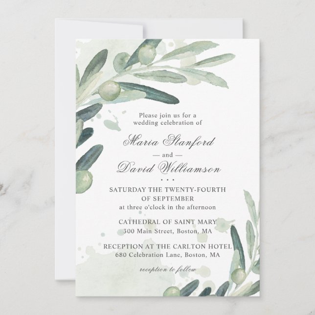 Invitation Branche élégante de pousse d'olive pour mariage (Devant)