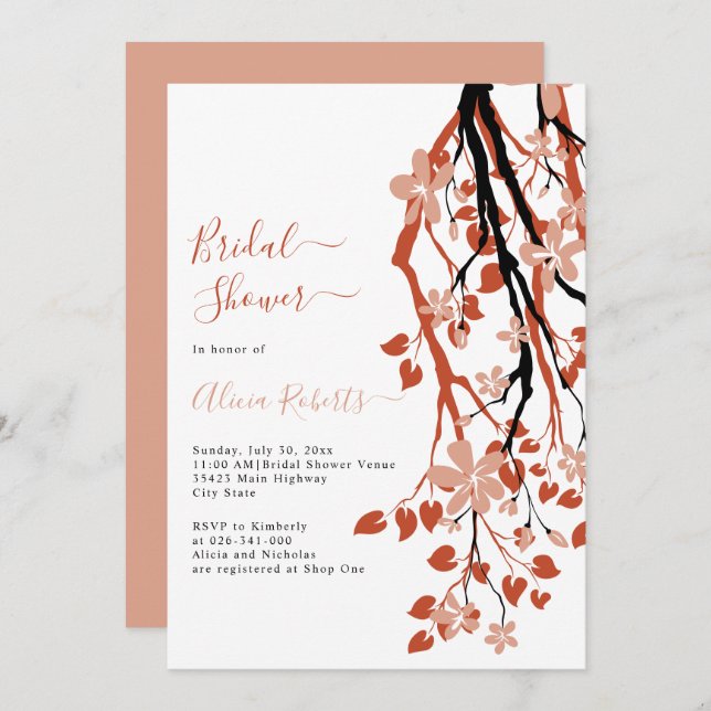 Invitation Branche en terre cuite avec fleurs douche nuptiale (Devant / Derrière)