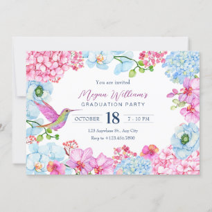 Invitation Branche florale bleu rose avec graduation des oise