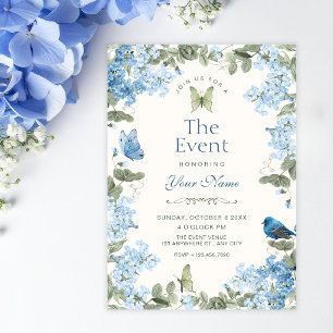 Invitation Branche florale bleue papillons oiseau