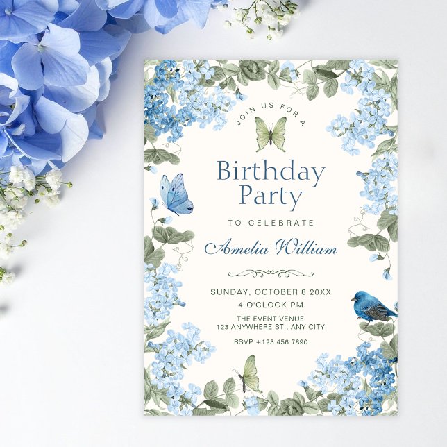 Invitation Branche florale bleue papillons oiseau anniversair (Créateur téléchargé)