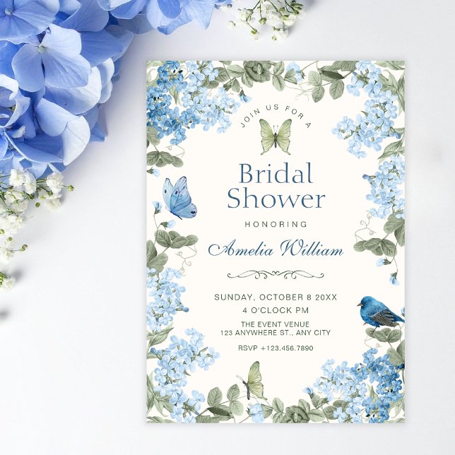 Invitation Branche florale bleue papillons oiseau douche de m (Créateur téléchargé)