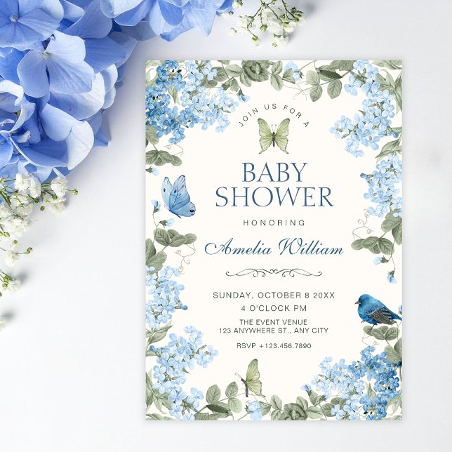 Invitation Branche florale bleue papillons oiseau shower pour (Créateur téléchargé)