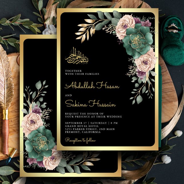 Invitation Branche florale émeraude noire Code QR Mariage Mus (Créateur téléchargé)
