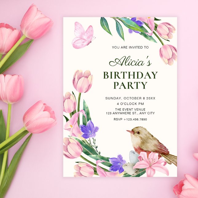 Invitation branche florale oiseau anniversaire (Créateur téléchargé)