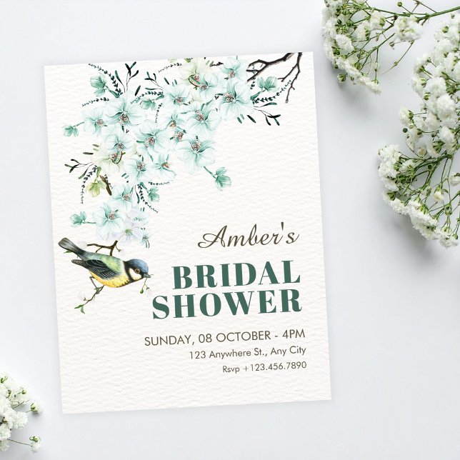 Invitation Branche florale oiseau douche de mariage printaniè (Créateur téléchargé)