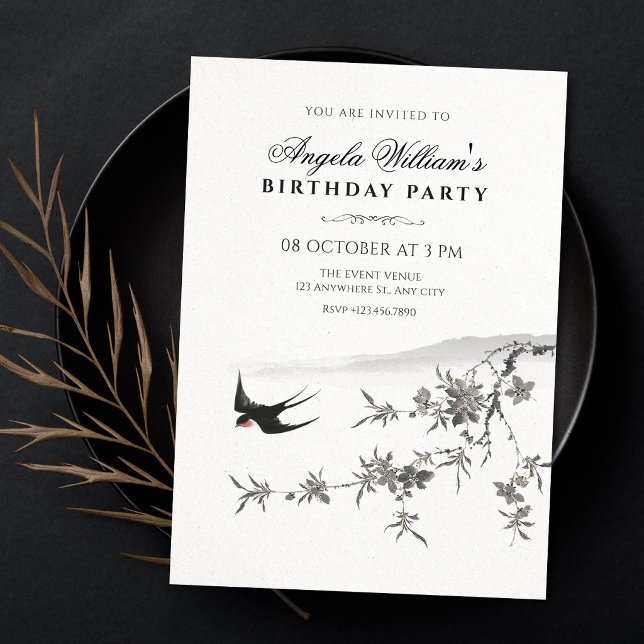 Invitation branche florale oiseau japonais anniversaire (Créateur téléchargé)