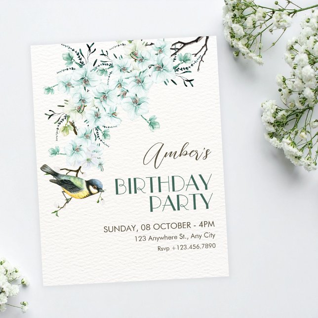 Invitation branche florale oiseau printemps anniversaire (Créateur téléchargé)