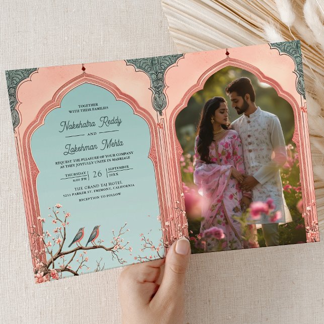 Invitation Branche florale Romantique Oiseaux Mariage indien  (Inside)