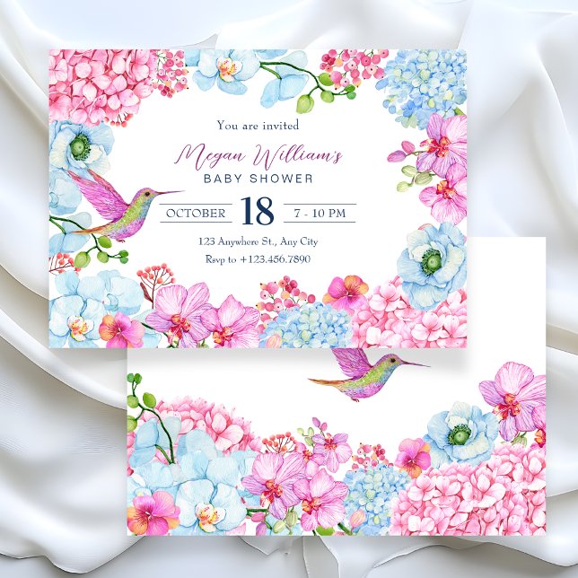 Invitation Branche florale rose bleue avec shower bébé oiseau (Créateur téléchargé)