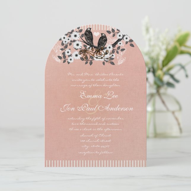 Invitation Branche Florale Rose Oiseaux de l'Amour Mariage Vi (Debout devant)