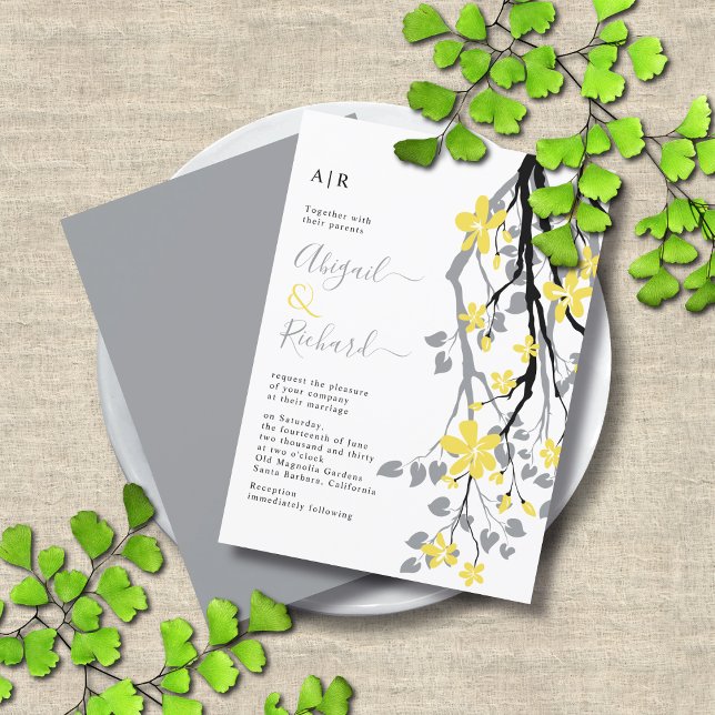 Invitation Branche grise avec fleurs jaunes initiales mariage (Créateur téléchargé)