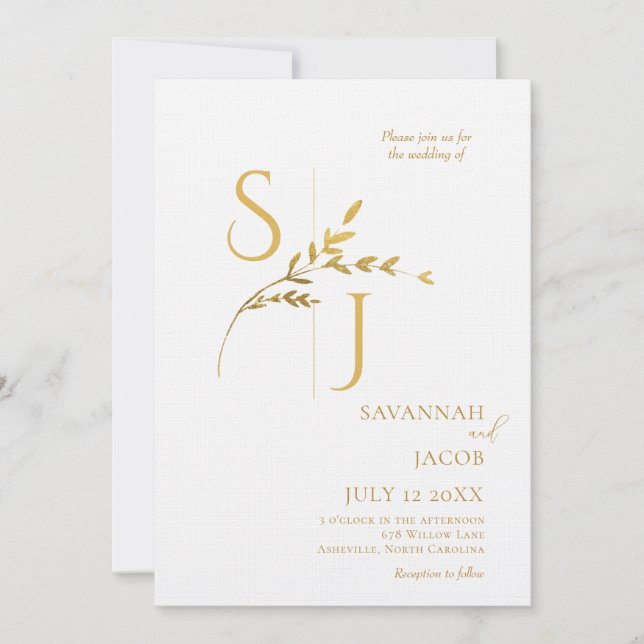 Invitation Branche minimaliste blanc et or Mariage moderne (Devant)