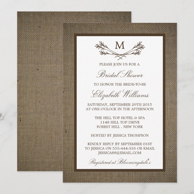 Invitation Branche Monogramme Rustique Sur Fête des mariées B (Devant / Derrière)