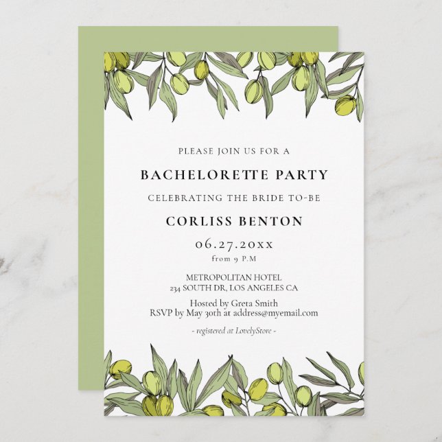 Invitation Branche Olive moderne Bachelorette (Devant / Derrière)