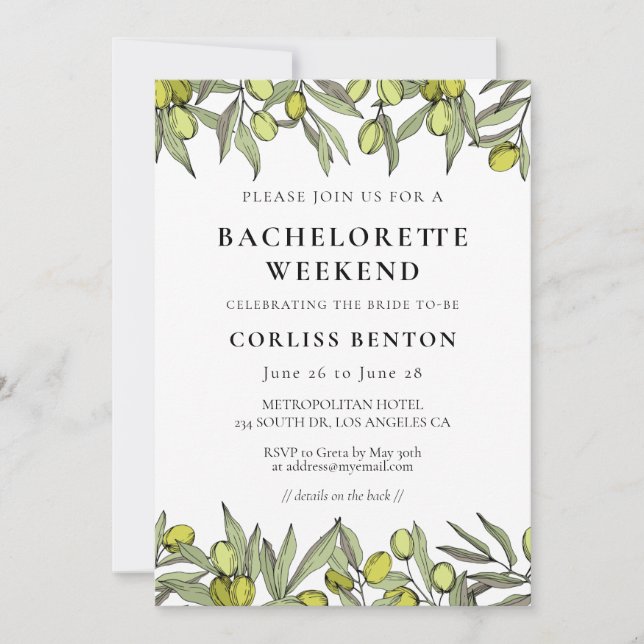 Invitation Branche Olive moderne Bachelorette Week-end (Devant)