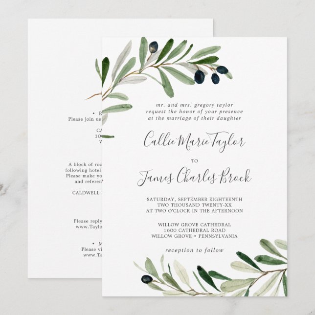 Invitation Branche Olive moderne tout en un Mariage (Devant / Derrière)