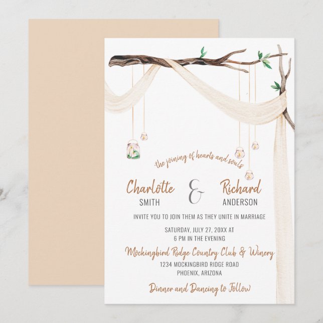 Invitation Branche romantique avec lumière Drape et Mason Jar (Devant / Derrière)