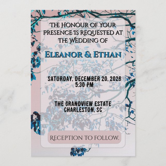 Invitation Branches Bleu Canard Artistiques Ciel Rose Moderne (Devant)
