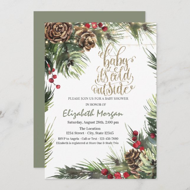 Invitation Branches d'arbre à pin, Baby shower vert cônes de  (Devant / Derrière)