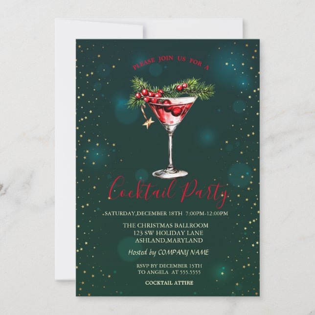 Invitation Branches d'arbre pin Cocktail Étoiles Vert Noël  (Devant)