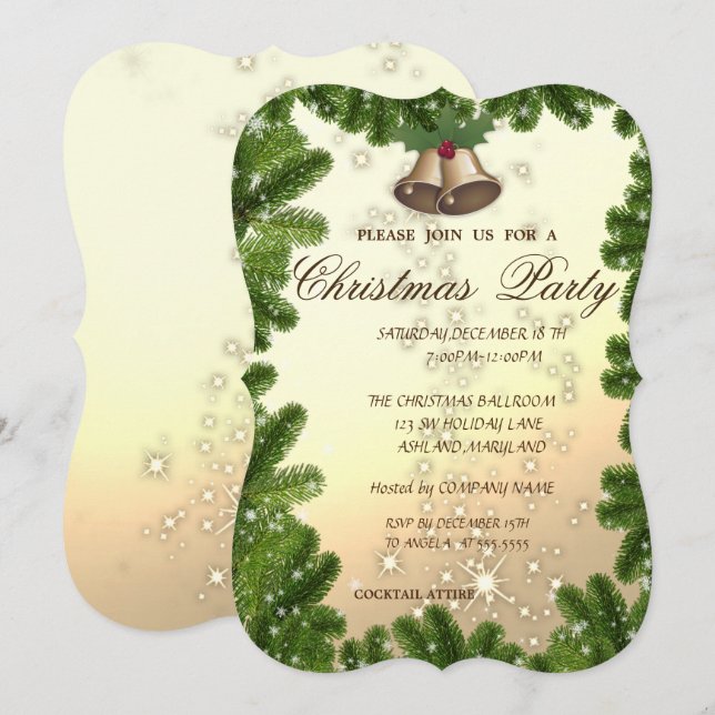 Invitation Branches d'arbres, Cloche, Soirée de Noël de l'ent (Devant / Derrière)