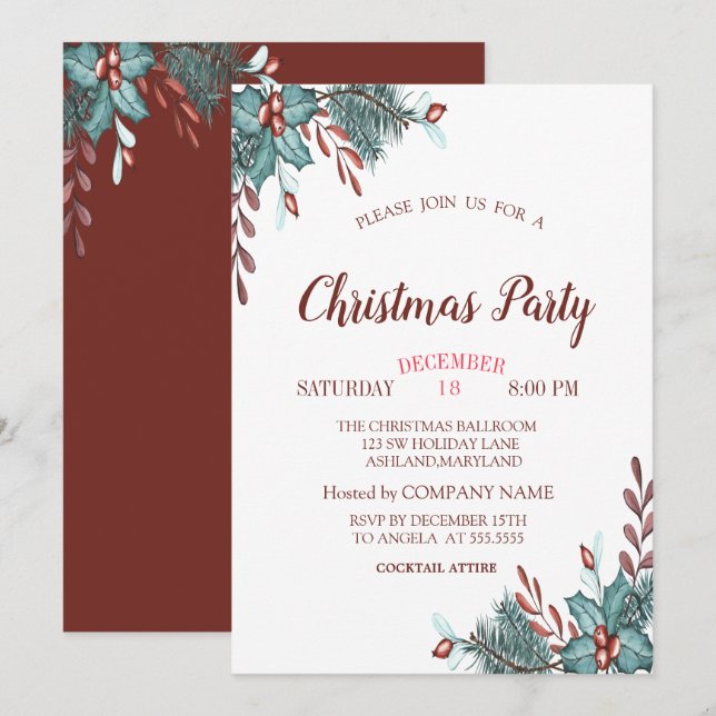 Invitation Branches de houx pour la fête de Noël de l'entrepr (Devant / Derrière)