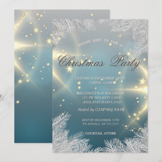 Invitation Branches de Noël en argent, Fête d'entreprise, (Devant / Derrière)