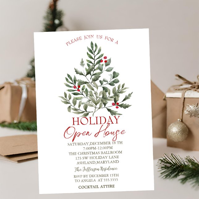 Invitation Branches de pin aquarelle Fête de Noël ouverte   (Créateur téléchargé)