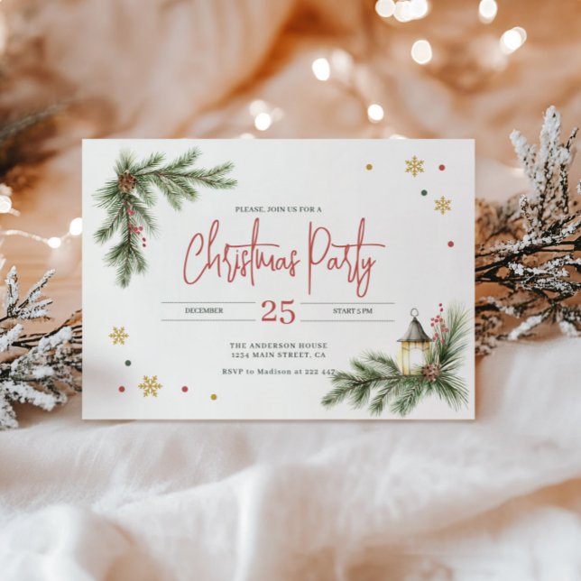 Invitation Branches de pin avec baies de houx et flocon de ne (Créateur téléchargé)