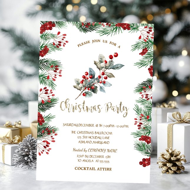 Invitation Branches de pin Baies de houx rouge Noël  (Créateur téléchargé)