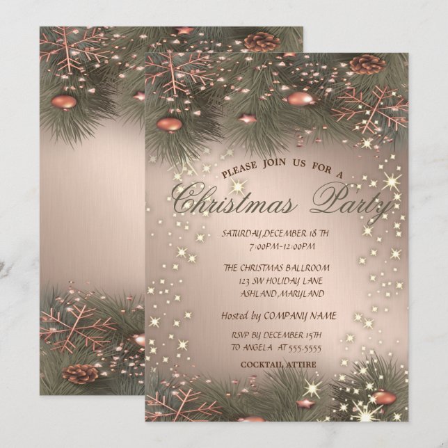 Invitation Branches de pin,Boules,Fête de Noël en or rose (Devant / Derrière)