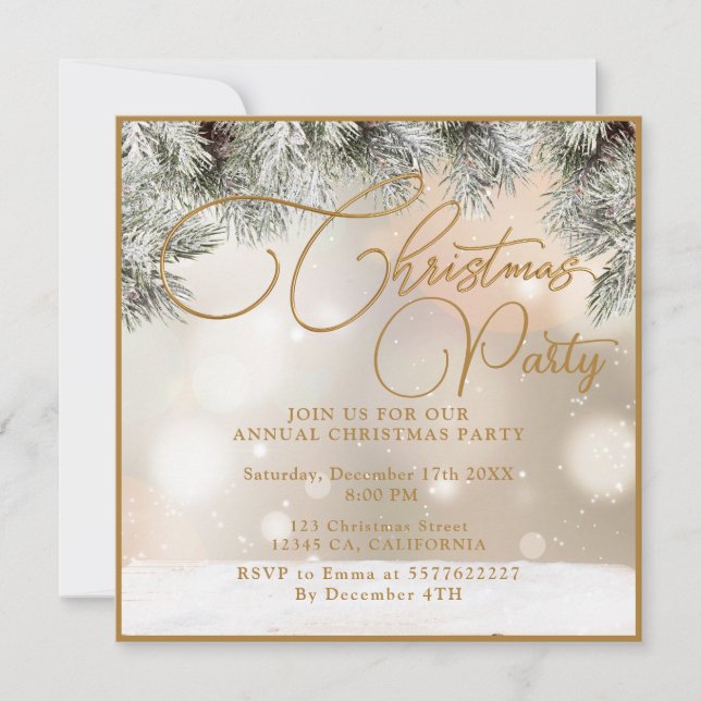 Invitation Branches de pin,Boules,Invitation de Noël en or (Devant)