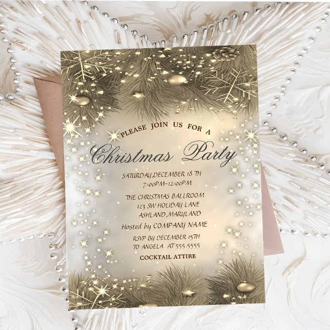 Invitation Branches de pin,Boules,Noël Or doré (Créateur téléchargé)