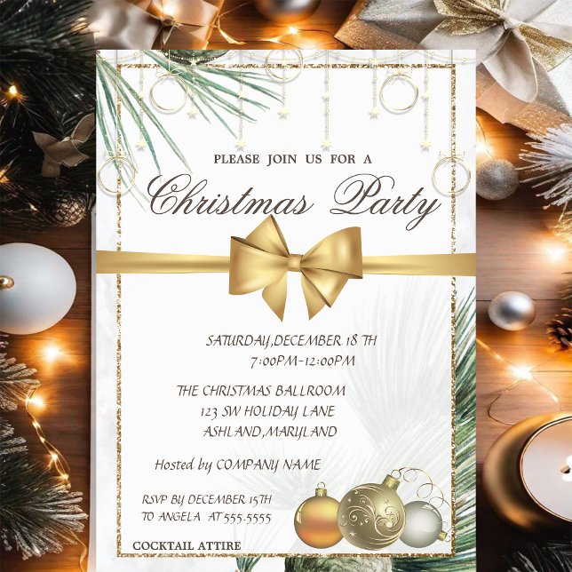 Invitation Branches de pin, boules, noeud doré Fête de Noël (Créateur téléchargé)