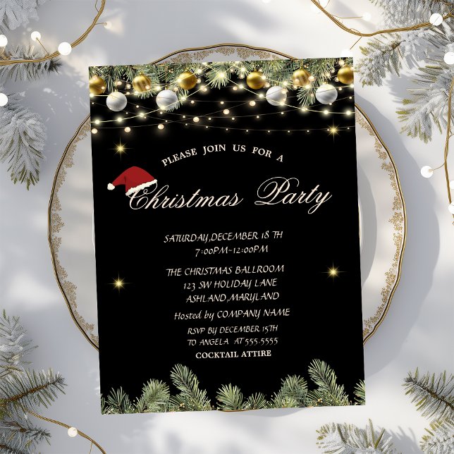 Invitation Branches de pin Boules Noir Société de Noël (Créateur téléchargé)
