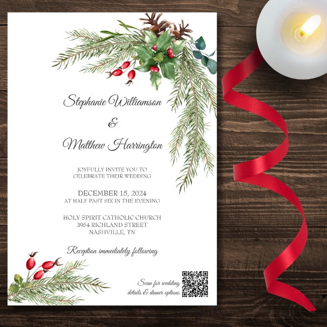 Invitation Branches de pin d'hiver avec des baies Code QR Mar (Also available without QR code. )