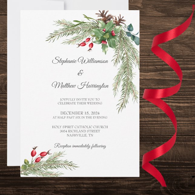 Invitation Branches de pin d'hiver avec Mariage de baies (Also available with QR code. )