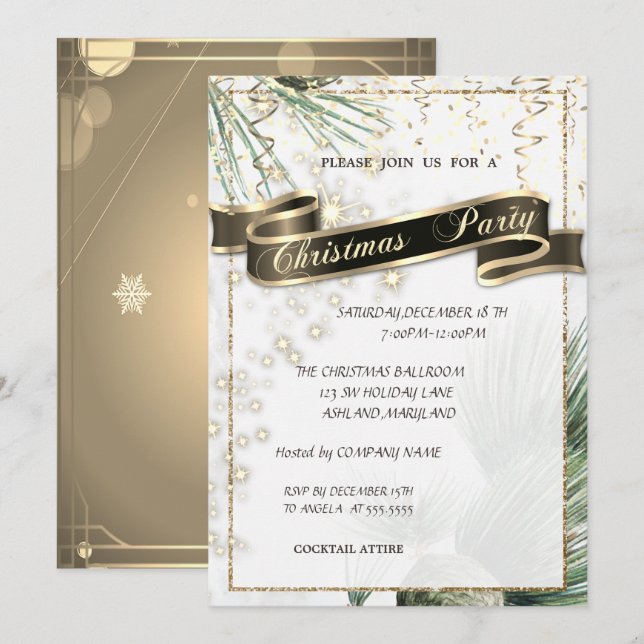 Invitation Branches de Pin Dorées Fête de Noël d'Entreprise (Devant / Derrière)