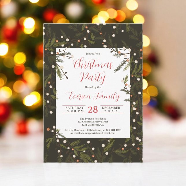 Invitation Branches de pin foncé rustique Élégante fête de No (Rustic dark Pine Branches Elegant Christmas Party Invitation)