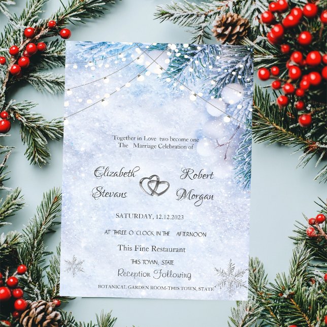 Invitation Branches de pin, lumières de Noël à cordes Mariage (Créateur téléchargé)