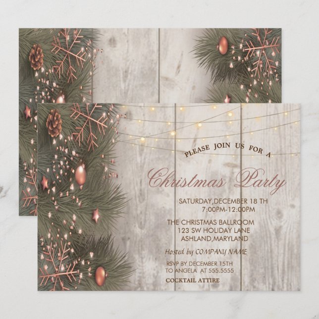 Invitation Branches de pin Ornements Bois Noël Fête (Devant / Derrière)