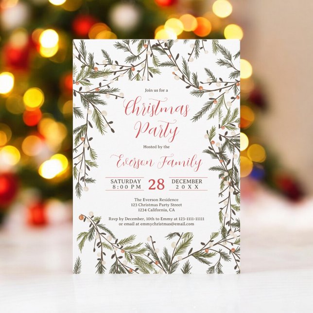 Invitation Branches de pin vert rustique Élégante fête de Noë (Rustic Green Pine Branches Elegant Christmas Party Invitation on white)