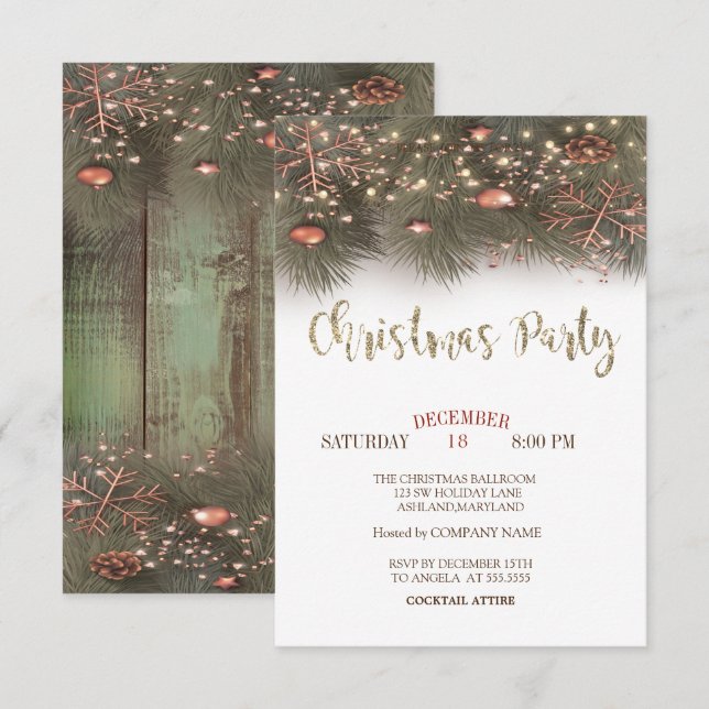 Invitation Branches de pins Lumières Boules Fête de Noël (Devant / Derrière)