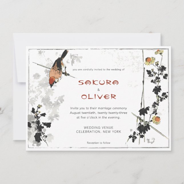 Invitation Branches d'oiseau japonais feuilles vintage (Devant)