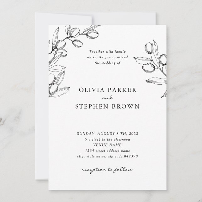 Invitation Branches d'olive élégantes. Mariage simple noir et (Devant)