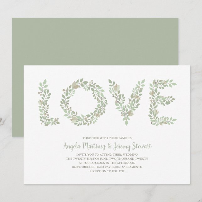 Invitation Branches d'olive LOVE Collection Vert (Devant / Derrière)
